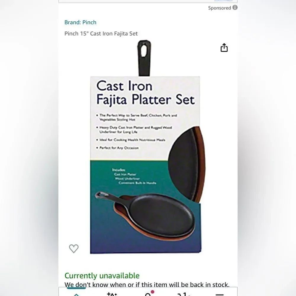 Pinch 15 inch cast iron fajita set new in box